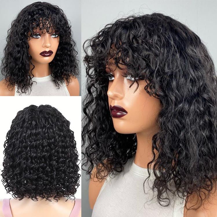 Readytogo Glueless Water Wave Short Bob Wig with Bangs Brazilian Virgin Human Hair - Superlovehair